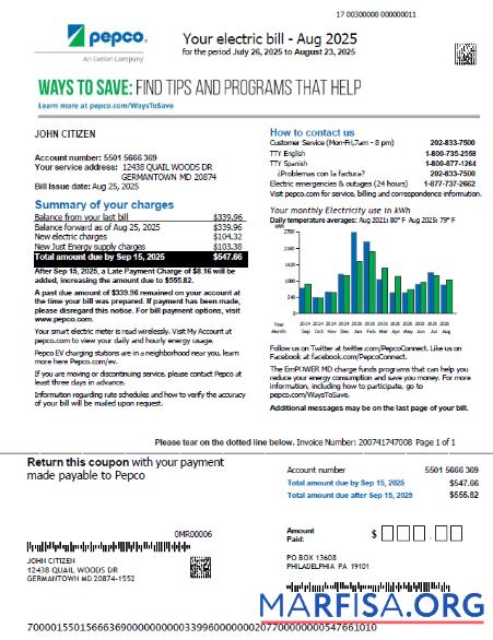 Realistic USA Pepco utility bill template in Word and PDF formats, version 2